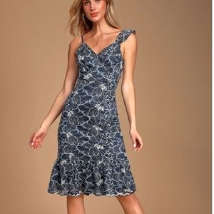 Lulu's Fleur Allured Navy Blue Lace Midi Dress